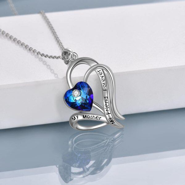 Sterling Silver Zircon Rhodium Plated Heart Mother Necklace-4