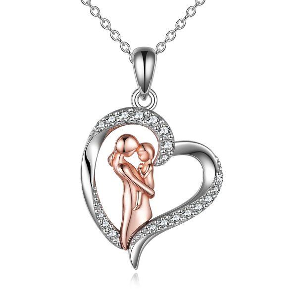 Sterling Silver Zircon Rhodium And Rose Gold Plated Mother And Dauther Necklace-0