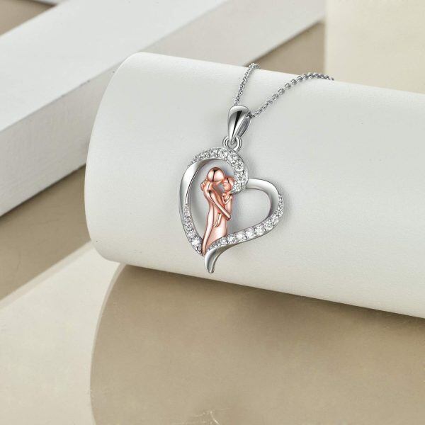 Sterling Silver Zircon Rhodium And Rose Gold Plated Mother And Dauther Necklace-1