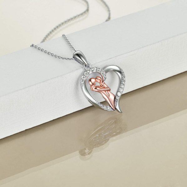 Sterling Silver Zircon Rhodium And Rose Gold Plated Mother And Dauther Necklace-2