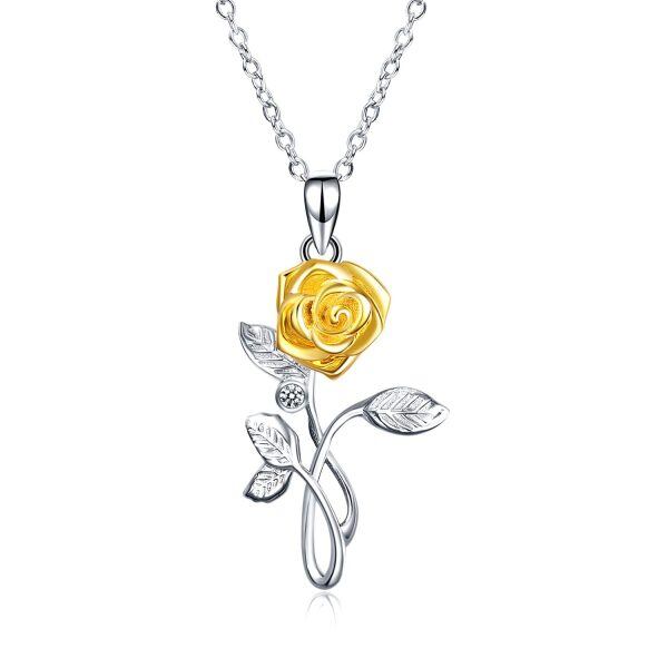 Sterling Silver Zircon Rhodium And Gold Plated Rose Necklace-0