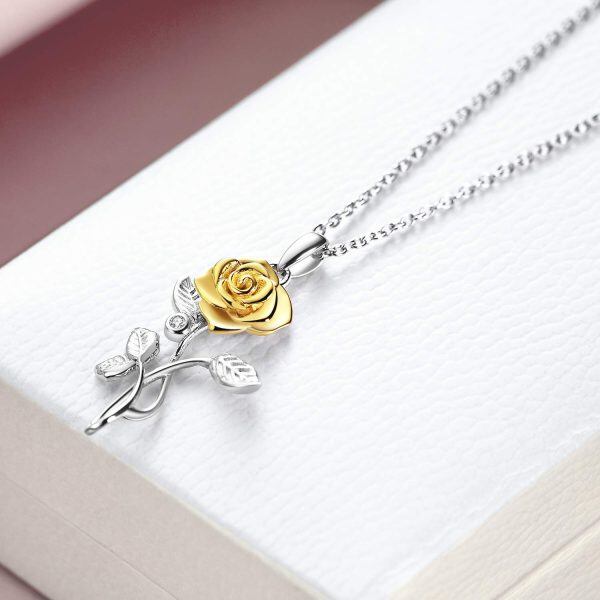 Sterling Silver Zircon Rhodium And Gold Plated Rose Necklace-1