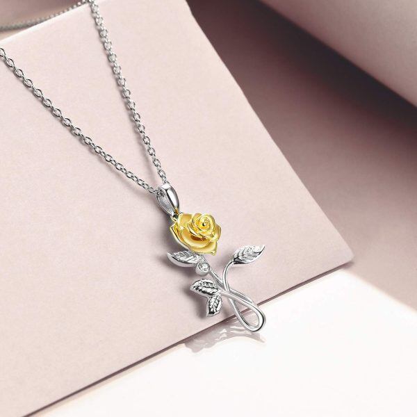 Sterling Silver Zircon Rhodium And Gold Plated Rose Necklace-2