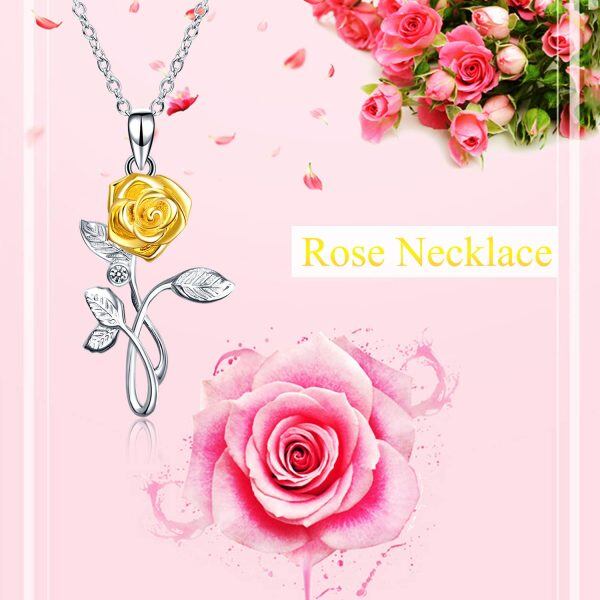 Sterling Silver Zircon Rhodium And Gold Plated Rose Necklace-4