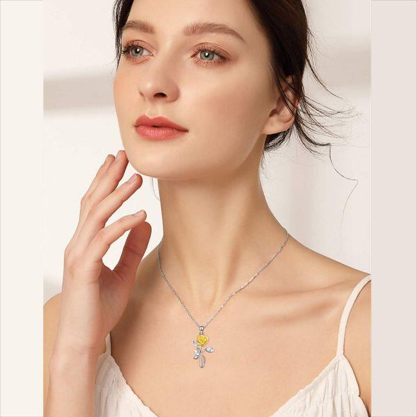 Sterling Silver Zircon Rhodium And Gold Plated Rose Necklace-5