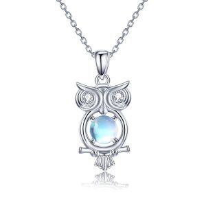 Sterling Silver Moonstone Rhodium Plated Owl Necklace-0