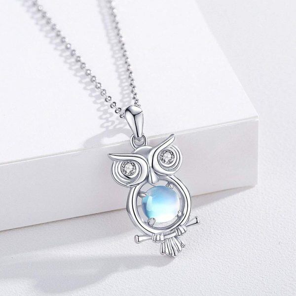 Sterling Silver Moonstone Rhodium Plated Owl Necklace-4