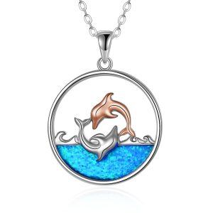 Sterling Silver Opal Rhodium And Rose Gold Plated Dolphin Necklace-0