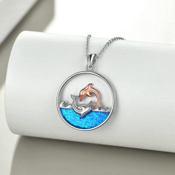 Sterling Silver Opal Rhodium And Rose Gold Plated Dolphin Necklace-1