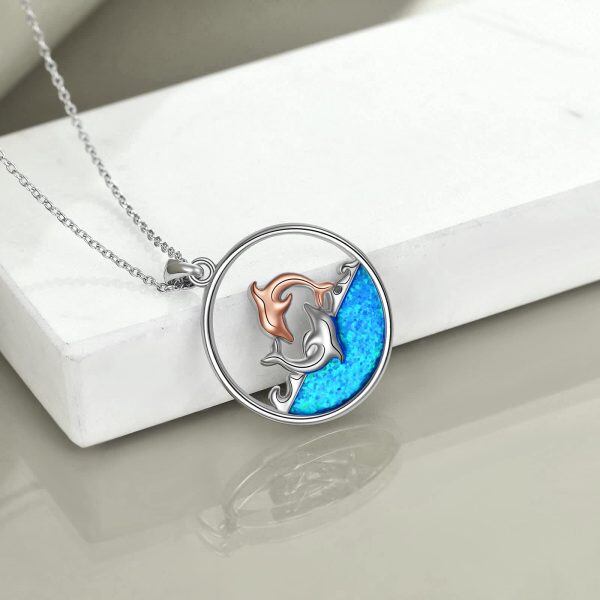 Sterling Silver Opal Rhodium And Rose Gold Plated Dolphin Necklace-2