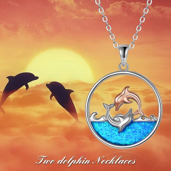 Sterling Silver Opal Rhodium And Rose Gold Plated Dolphin Necklace-5