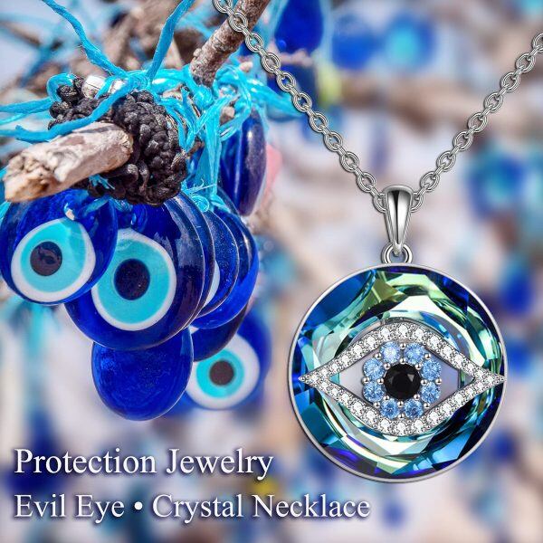 Sterling Silver Crystal Rhodium Plated Evil Eye Necklace-1