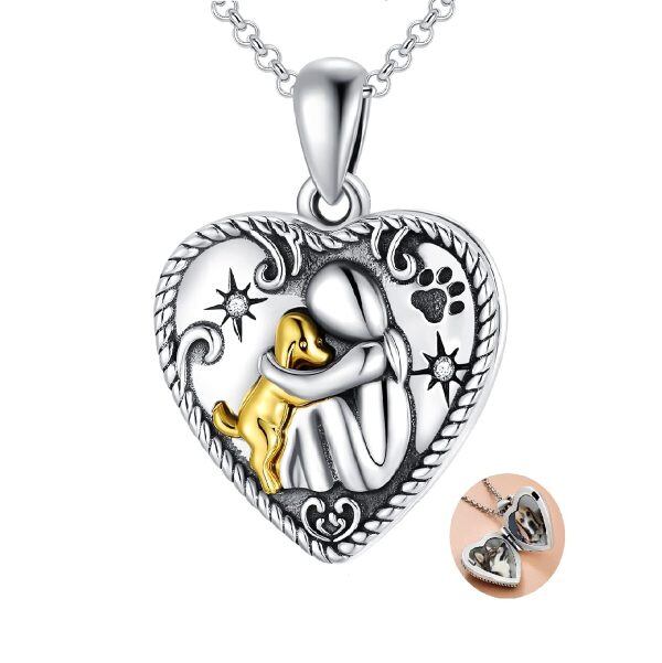 Sterling Silver Zircon Oxidized Dog Locket Pendnet Necklace-0