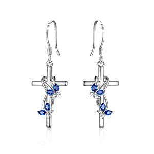 Sterling Silver Zircon Silver Plated Butterfly Cross Dangle Earrings -0