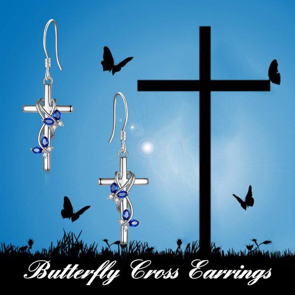 Sterling Silver Zircon Silver Plated Butterfly Cross Dangle Earrings -5