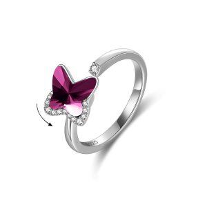 Sterling Silver Purple Crystal Silver Plated Butterfly Spinning Ring -0