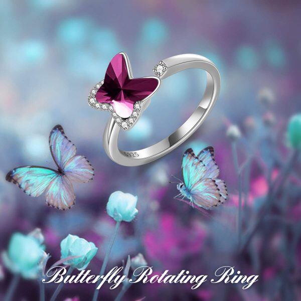 Sterling Silver Purple Crystal Silver Plated Butterfly Spinning Ring -1