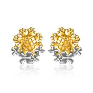 Sterling Silver Two Tone Color Sunflower Stud Earrings -0