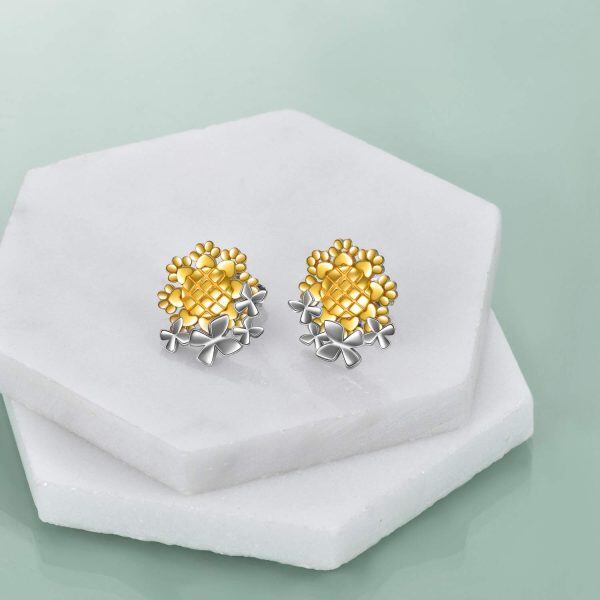 Sterling Silver Two Tone Color Sunflower Stud Earrings -1