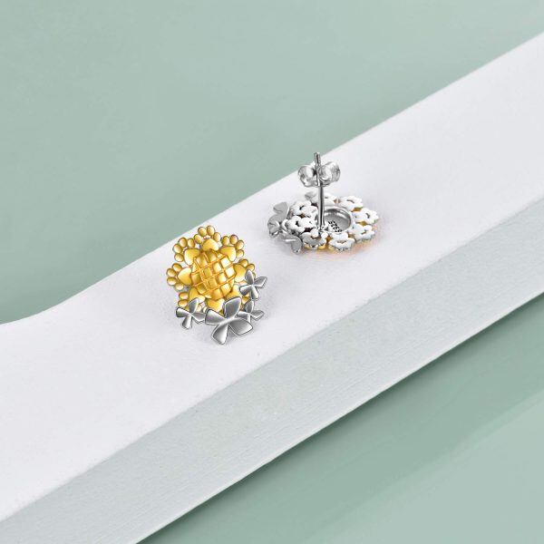 Sterling Silver Two Tone Color Sunflower Stud Earrings -2