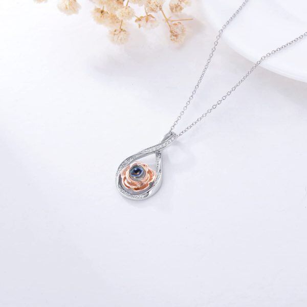 Sterling Silver Two Tone Color I Love You 100 Languages Rose Flower Pendant Necklace-4