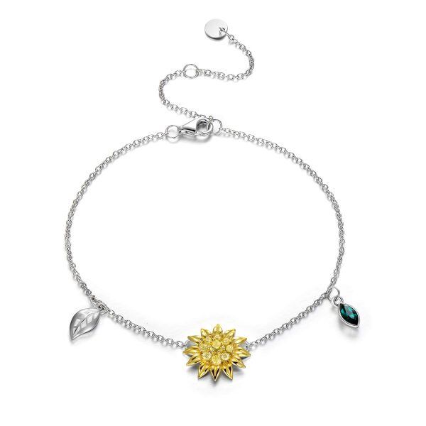 Sterling Silver Zirocn and Crystal Two Tone Color Sunflower Bracelet -0