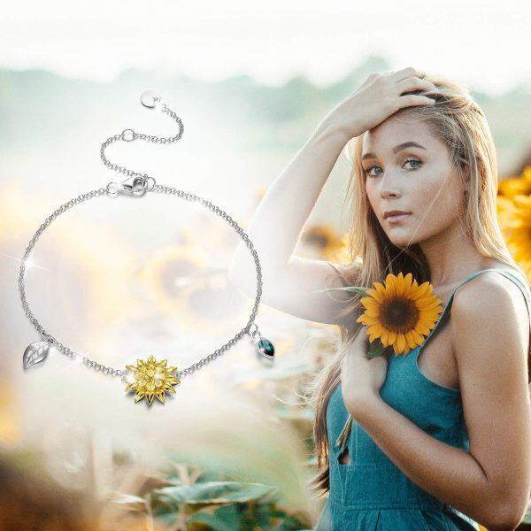 Sterling Silver Zirocn and Crystal Two Tone Color Sunflower Bracelet -4