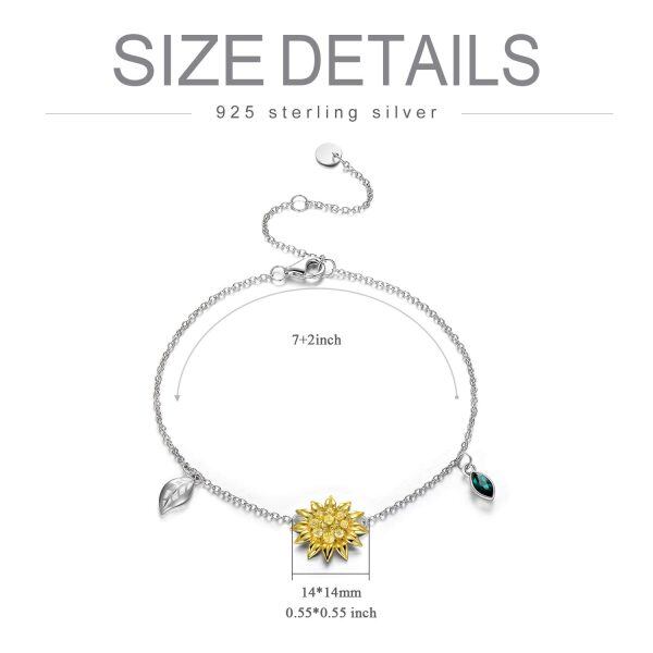 Sterling Silver Zirocn and Crystal Two Tone Color Sunflower Bracelet -5