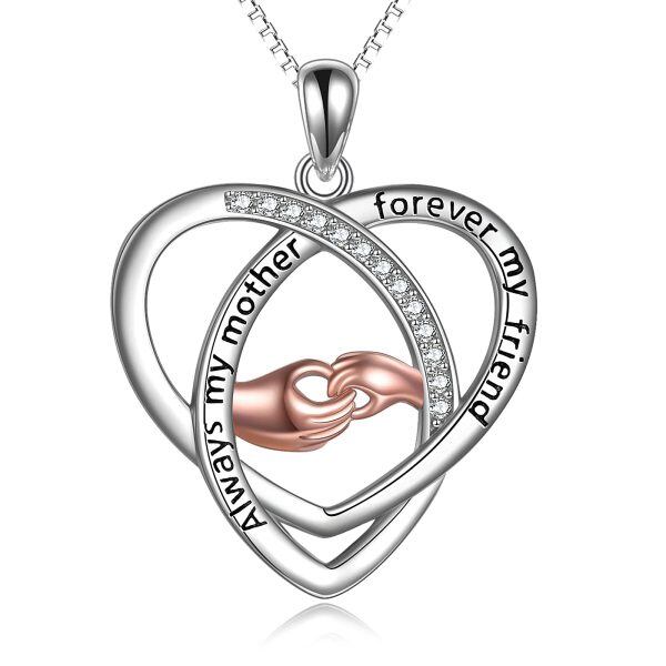 Sterling Silver Zircon Two Tone Color Always My Mother Forever My Friend Heart Hand Pendent Necklace -0