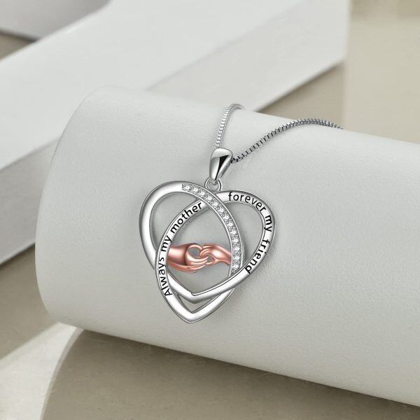 Sterling Silver Zircon Two Tone Color Always My Mother Forever My Friend Heart Hand Pendent Necklace -3