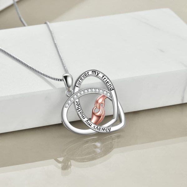 Sterling Silver Zircon Two Tone Color Always My Mother Forever My Friend Heart Hand Pendent Necklace -4