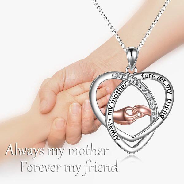 Sterling Silver Zircon Two Tone Color Always My Mother Forever My Friend Heart Hand Pendent Necklace -5