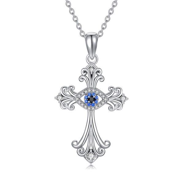 Sterling Silver Zircon Silver Plated Cross with Evil Eye Pendant Necklace-0