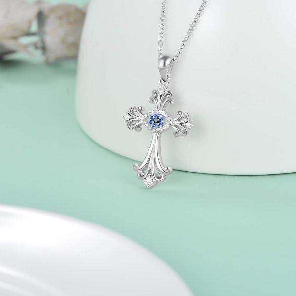 Sterling Silver Zircon Silver Plated Cross with Evil Eye Pendant Necklace-2