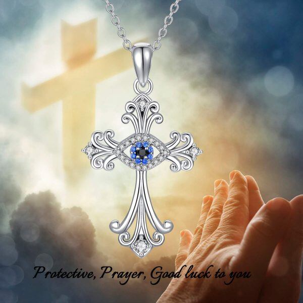 Sterling Silver Zircon Silver Plated Cross with Evil Eye Pendant Necklace-4