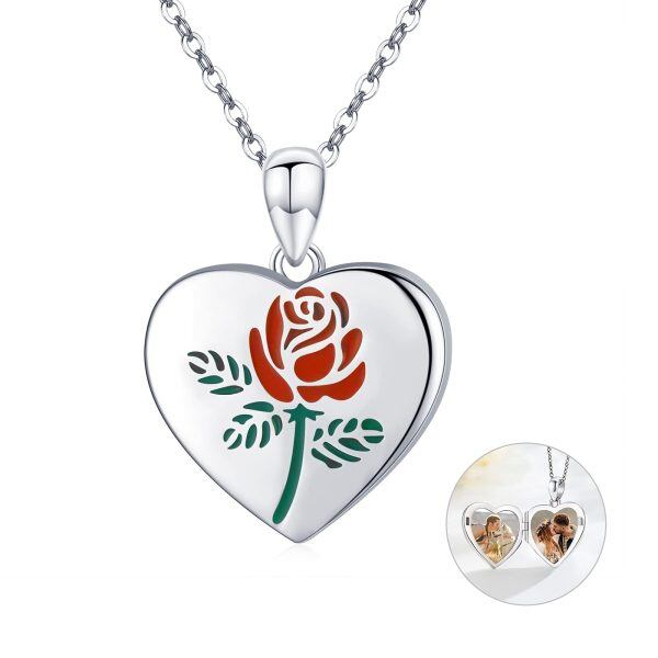 Sterling Silver Silver Plated Rose Flower Locket Pendant Necklace-0