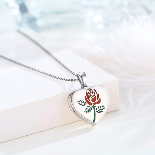 Sterling Silver Silver Plated Rose Flower Locket Pendant Necklace-1