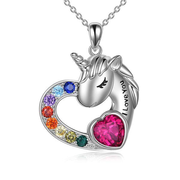 Sterling Silver Zircon Silver Plated Unicorn Forever Love Heart Pendant Necklace-0