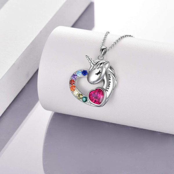 Sterling Silver Zircon Silver Plated Unicorn Forever Love Heart Pendant Necklace-1