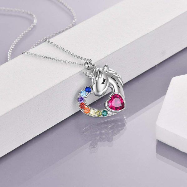 Sterling Silver Zircon Silver Plated Unicorn Forever Love Heart Pendant Necklace-2