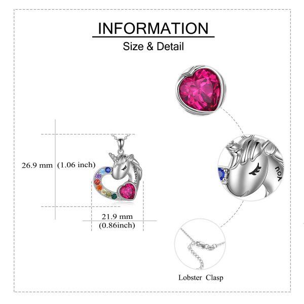 Sterling Silver Zircon Silver Plated Unicorn Forever Love Heart Pendant Necklace-3