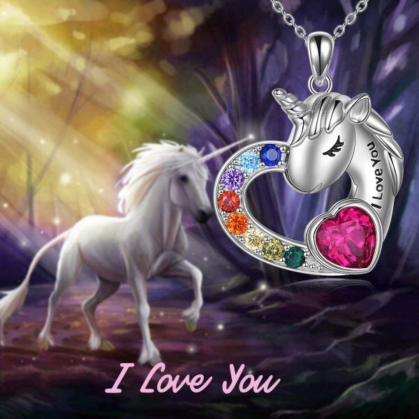 Sterling Silver Zircon Silver Plated Unicorn Forever Love Heart Pendant Necklace-4