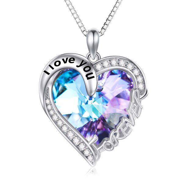 Sterling Silver Purple Crystal Silver Plated I Love You Forever Heart Pendant Necklace -0