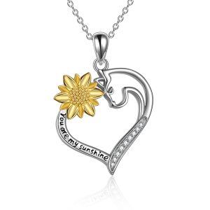 Sterling Silver Zircon Two Tone Color Cat Sunflower Heart-Shaped Pendent Necklace-0