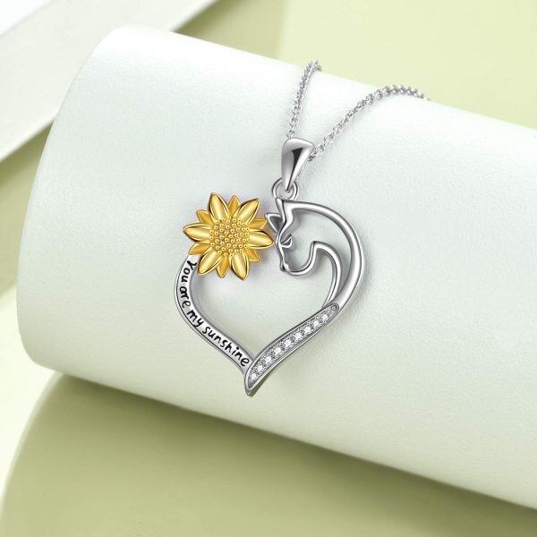 Sterling Silver Zircon Two Tone Color Cat Sunflower Heart-Shaped Pendent Necklace-3