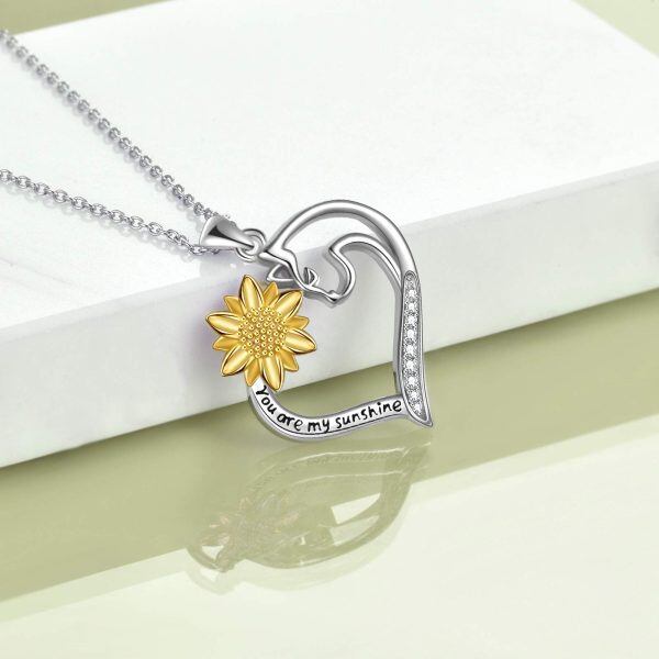 Sterling Silver Zircon Two Tone Color Cat Sunflower Heart-Shaped Pendent Necklace-4