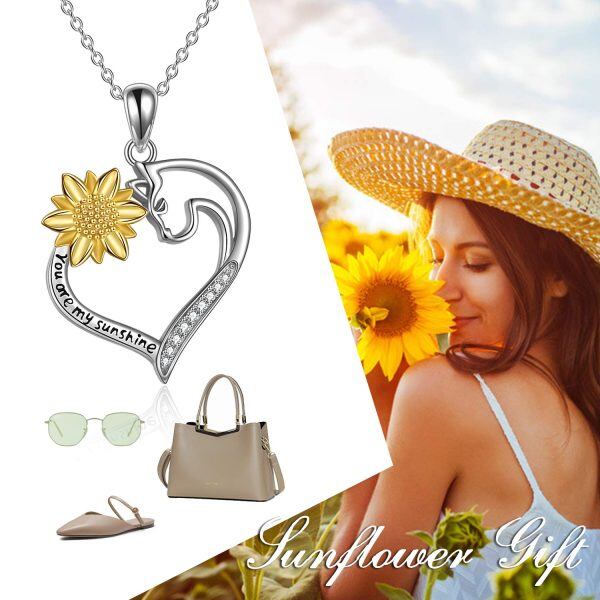 Sterling Silver Zircon Two Tone Color Cat Sunflower Heart-Shaped Pendent Necklace-5