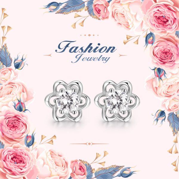 Sterling Silver Zircon Silver Plated Flower Knot Stud Earrings -4