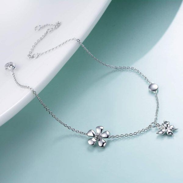 Sterling Silver Silver Plated Butterfly Daisy Ankle Bracelet-1