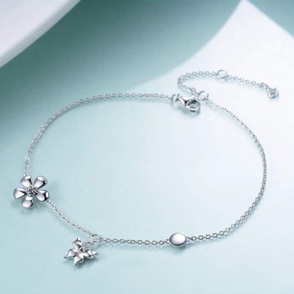 Sterling Silver Silver Plated Butterfly Daisy Ankle Bracelet-2